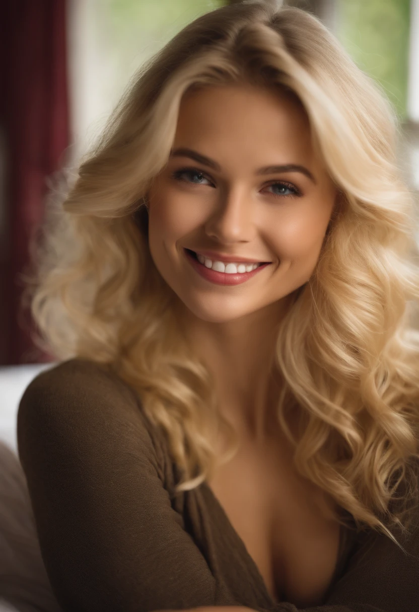 realistic young woman, blond, smiling to the camera, in bedroom