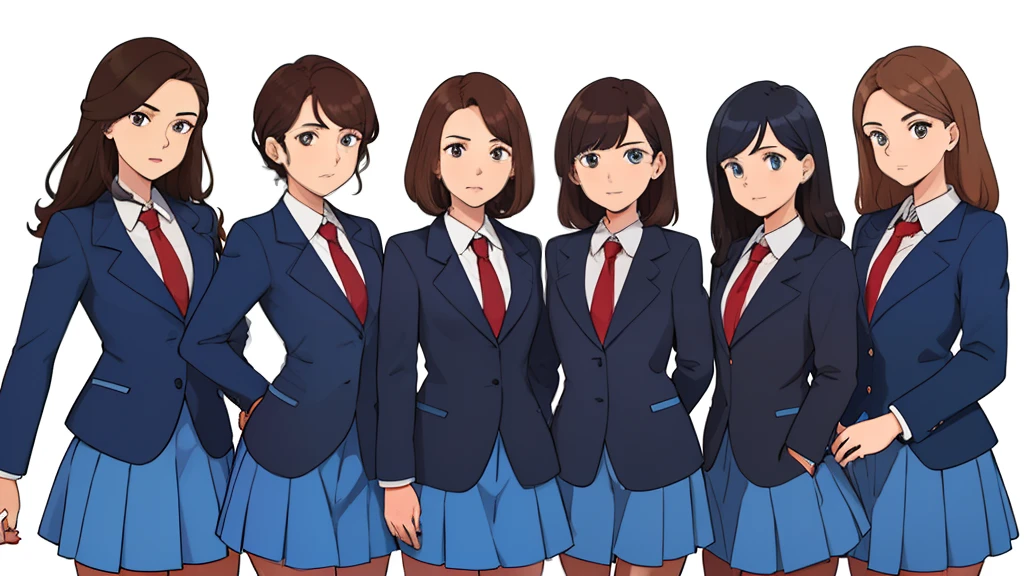 Multiple girls, 10girls, identical sisters, blue skirt suits, identical blue skirt suits, teenage women, brown hair, curly hair, hair down, hazel eyes, white background