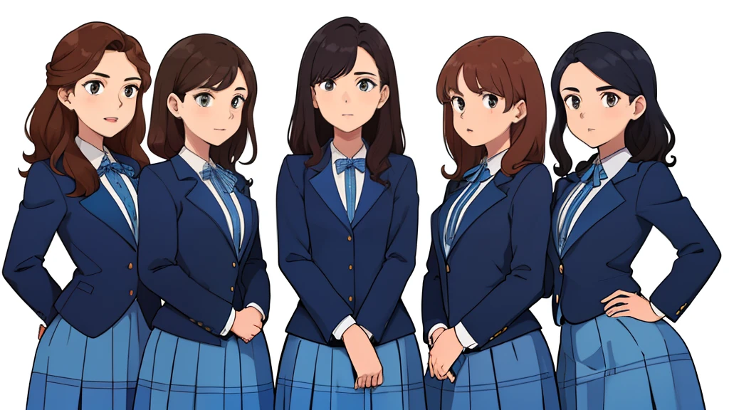 Multiple girls, 10girls, identical sisters, blue skirt suits, identical blue skirt suits, age women, brown hair, curly hair, hair down, hazel eyes, white background