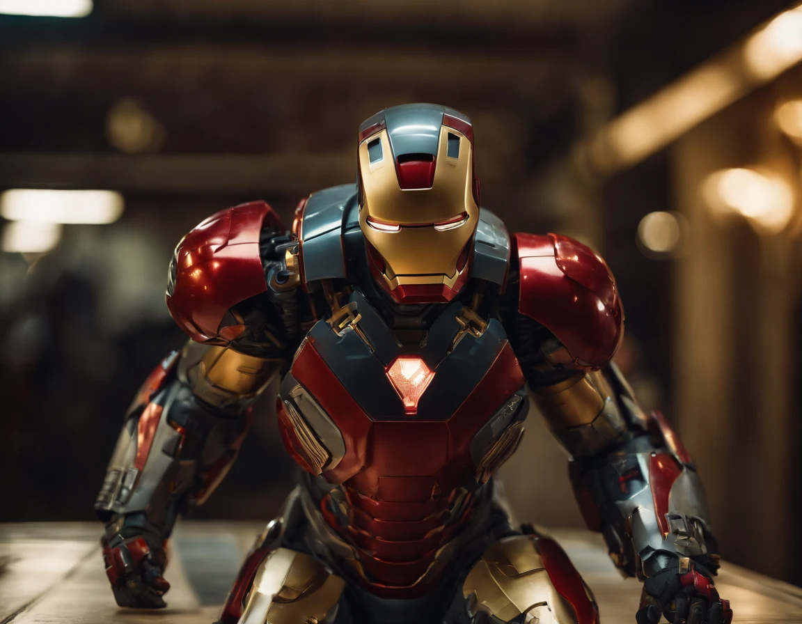 (best quality,ultra-detailed),Iron Man, cute boy with realistic features, dynamic pose, vibrant colors, comic book style, glowing arc reactor, detailed armor design, intense red and gold color scheme, action-packed background, sci-fi lighting, powerful superhero presence