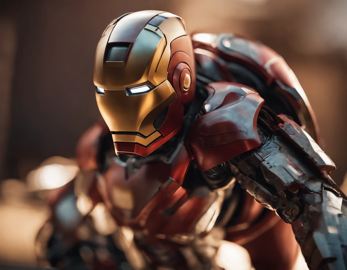 (best quality,ultra-detailed),Iron Man, cute boy with realistic features, dynamic pose, vibrant colors, comic book style, glowing arc reactor, detailed armor design, intense red and gold color scheme, action-packed background, sci-fi lighting, powerful superhero presence