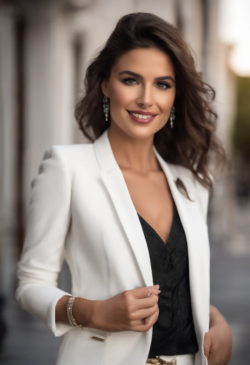 Fashion of the 2010s, Primer plano , Canon EF 85mm, mujer de pie en una oficina, con los brazos cruzados, blazer negro, ropa estilo mujer de negocios, sonrisa, labios rojos piel suave, 8k, super detallista, super realista,ojos marrones