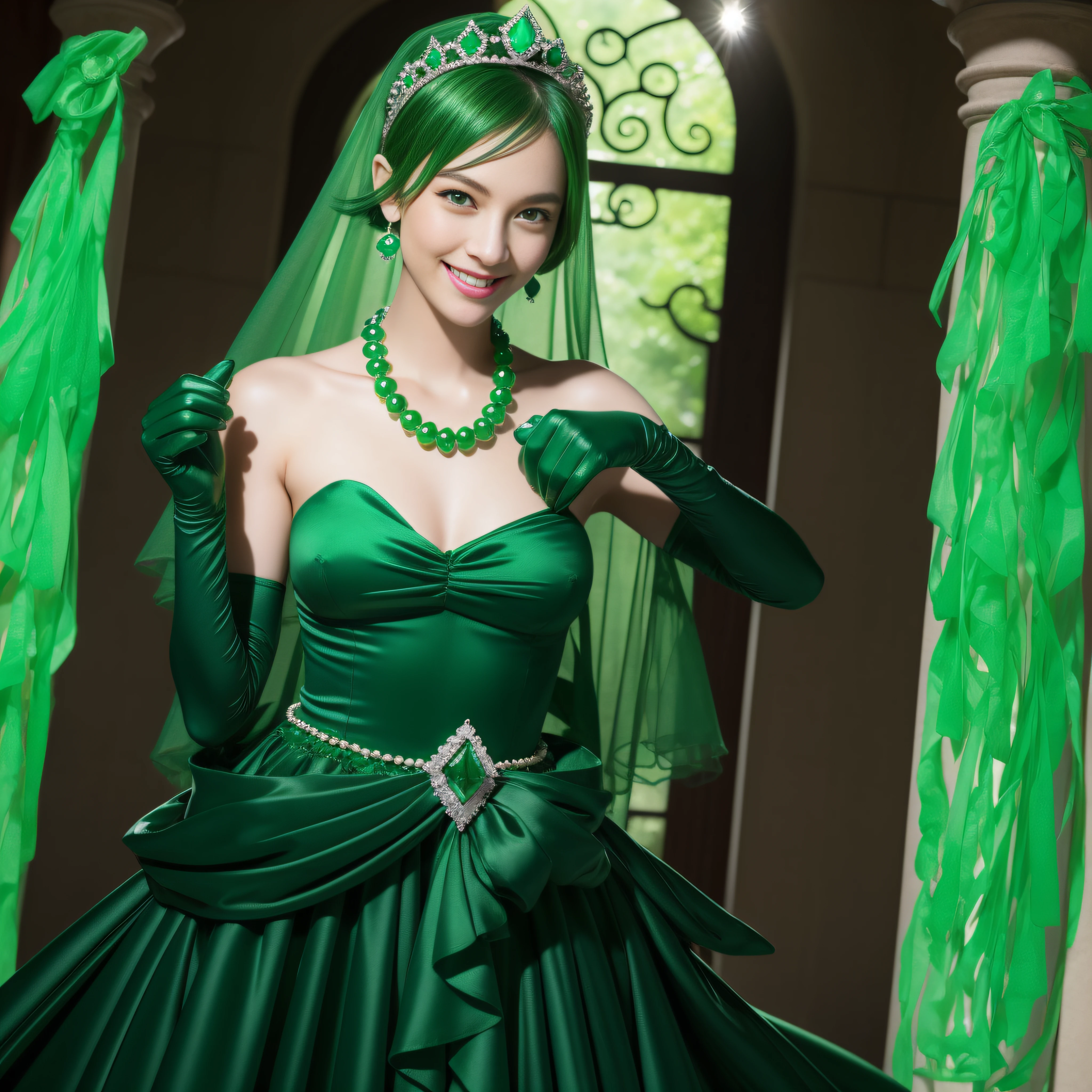 emerald tiara, Green Pearl Necklace, Boyish very short green hair, lipsticks, Japan woman smiling, very short short hair, big breasts beautiful, Green eyes, Long green gloves made of satin material, Green eyes, Emerald Earrings, Green dress