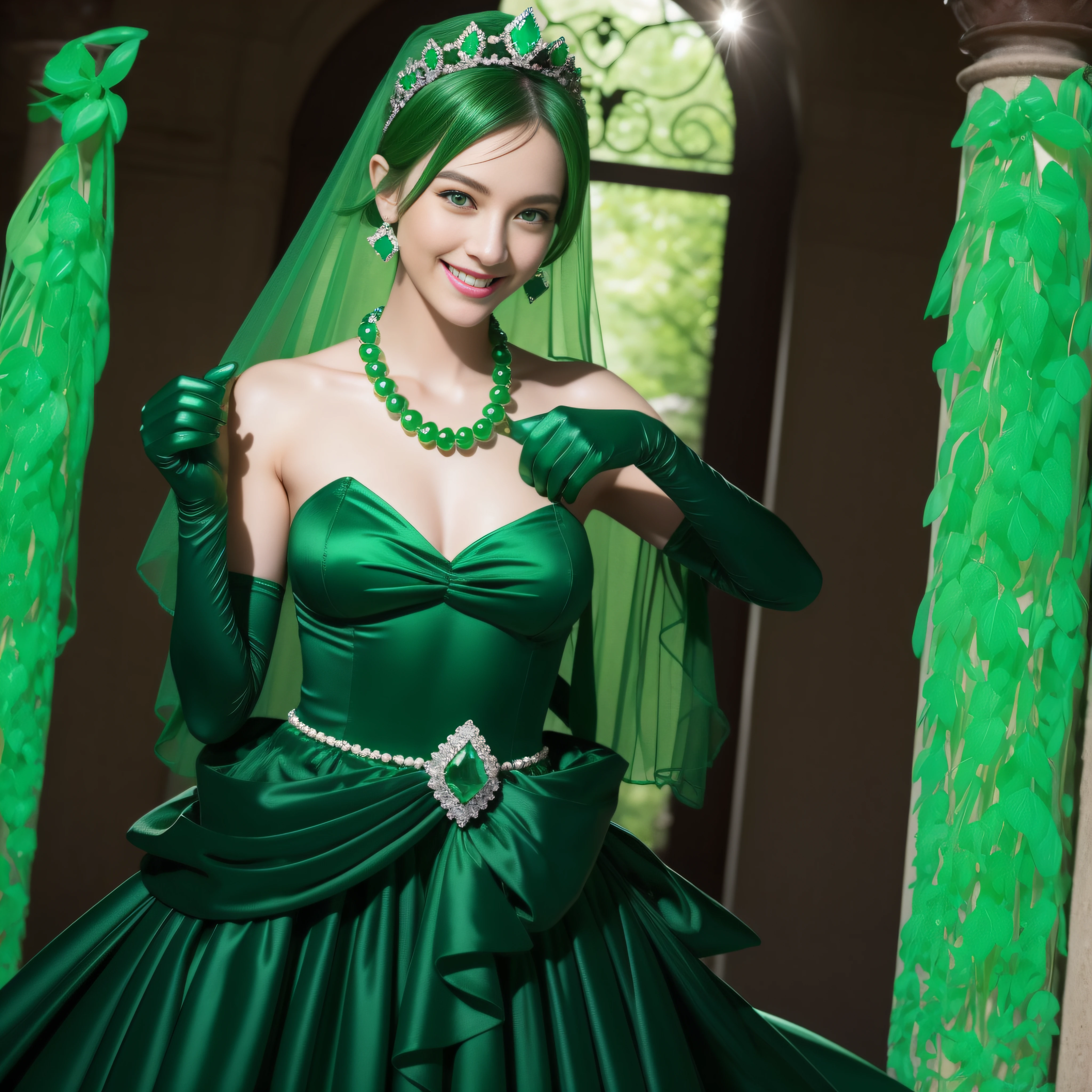 emerald tiara, Green Pearl Necklace, Boyish very short green hair, lipsticks, Japan woman smiling, very short short hair, big breasts beautiful, Green eyes, Long green gloves made of satin material, Green eyes, Emerald Earrings, Green dress