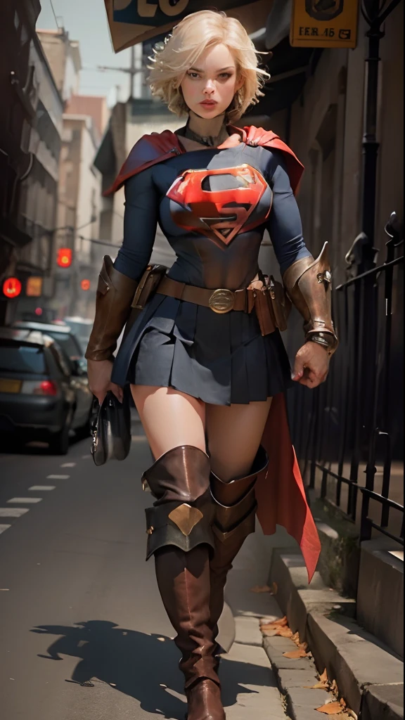 full body, leather boots, Beautiful woman short hair defined body big breasts, wearing Supergirl cosplay