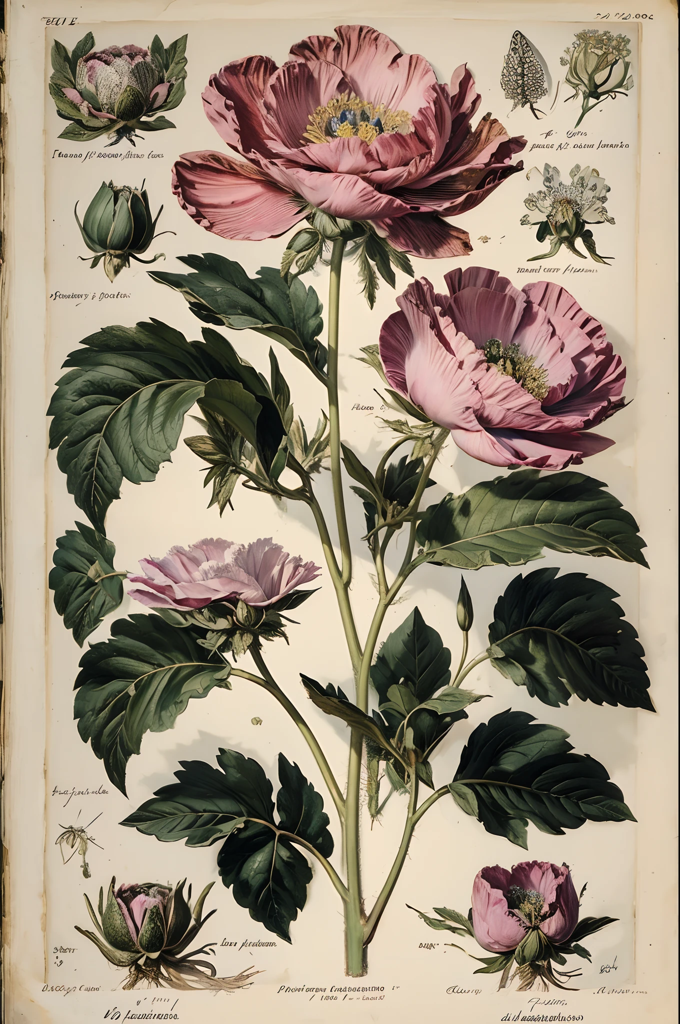 ((nobody)) Vintage Victorian style, Precise old encyclopedia (best quality:1.2), (detailed:1.2), (masterpiece:1.2), vintage botanical illustrations of black peonies