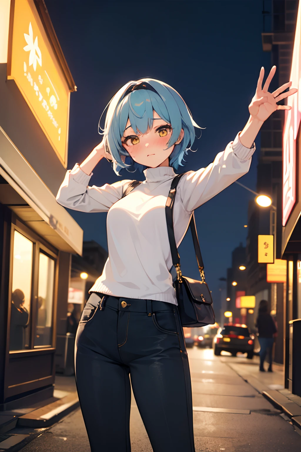 SFW, masterpiece, standing (woman 1), (((cute pose)), ((casual clothes))), yellow eyes, pouder blue hair, cute blush, (city), wind, blush, ((milf)), night, bussy street, turtleneck