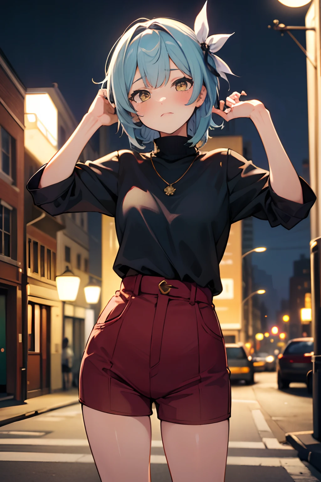 SFW, masterpiece, standing (woman 1), (((cute pose)), ((casual clothes))), yellow eyes,  pouder blue hair, cute blush, (city), wind, blush, ((milf)), night, bussy street, turtleneck