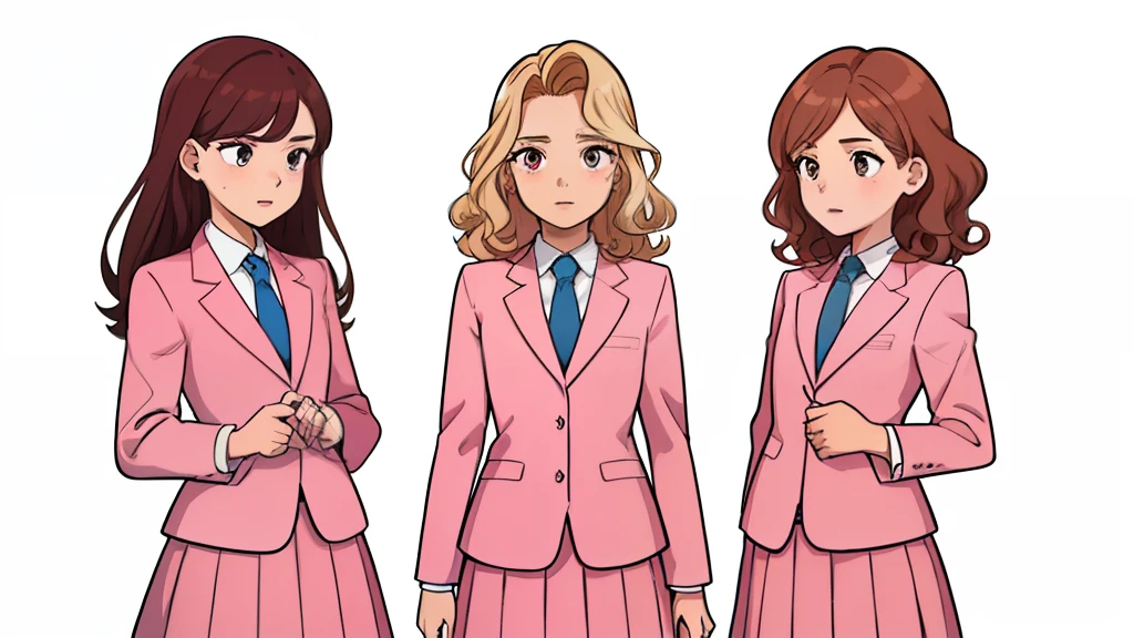 Multiple girls, 10girls, identical sisters, pink skirt suits, identical pink skirt suits, age women, brown hair, blonde hair, curly hair, hair down, hazel eyes, white background