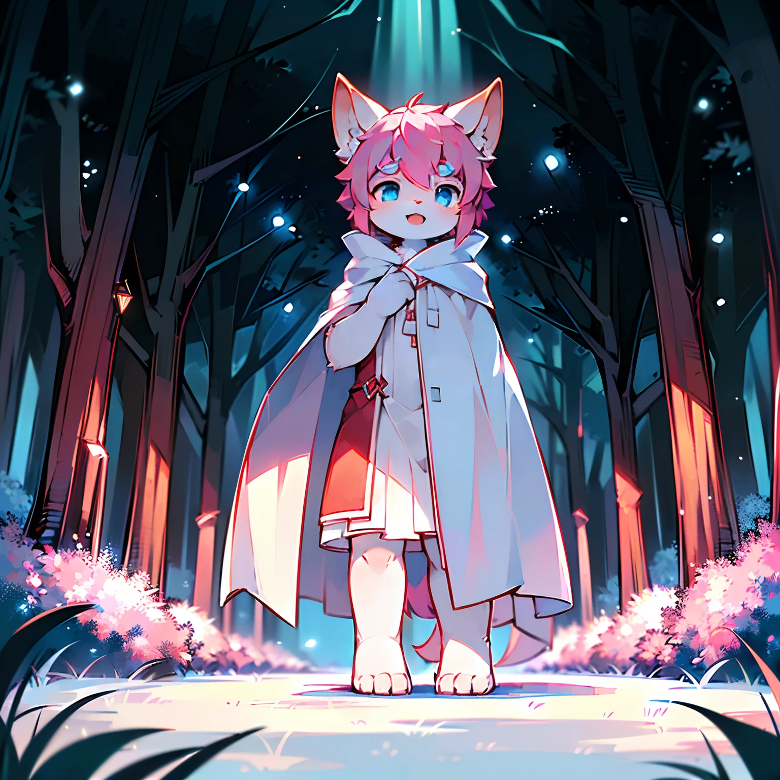 Anthropomorphic standing furry little wolf,adolable, Light:Extreme light and shadow,(anthr(Full Body Furry,Head bust close-up, A pink-haired,Large pink ears,Big blue eyes,The mouth is slightly larger,White fur,Reddish skin ,Sky blue eyes, A pink-haired:1.2), (long canines、Thick pale pink cape,White fur trims:1.2),(the night、lawns)) ,((Deep in the dark forest at night,glowworm,独奏,solo person)),((the detail)),(depth of fields),(Sell moe),(standing on your feet))