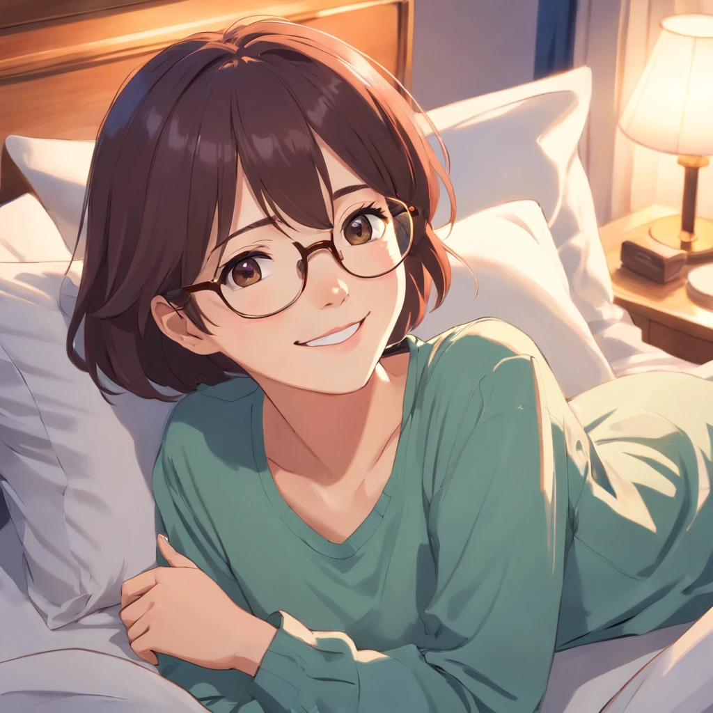 Han Hyo Joo, smiling, wear glasses, in the bed.
