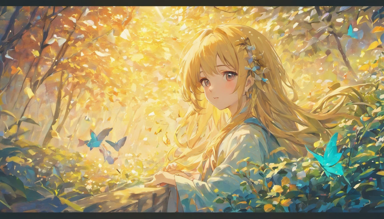 (best quality,4k,8k,highres,masterpiece:1.2),ultra-detailed,(realistic,photorealistic,photo-realistic:1.37), enchanted atmosphere, blond sleeping girl, fairy tale, dreamy, peaceful, magical garden, soft sunlight, blossoming flowers, fluttering butterflies, graceful posture, delicate facial features, tranquil expression, flowing golden hair
