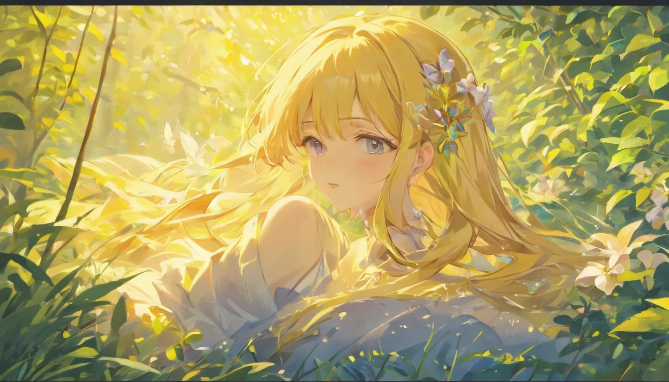 (highres,masterpiece:1.2),ultra-detailed,(realistic,photorealistic,photo-realistic:1.37),beautiful detailed eyes,beautiful detailed lips,extremely detailed eyes and face,longeyelashes,garden,soft morning light,peaceful atmosphere,blush pink color palette,flowing silk dress,fragrant flowers,gentle breeze,sparkling dewdrops,warm sunshine on the girl's face,graceful and relaxed pose,comfortable and luxurious bedroom,serene expression,wonderful dreamy feeling,wavy golden hair,tiny birds chirping in the background,fresh green grass,tall trees reaching towards the sky,tranquil and enchanting surroundings,subtle colors blending harmoniously,sublime beauty of nature,dainty butterflies fluttering around,delicate features,serene atmosphere,soft music playing in the air,calm and tranquil morning scene,relaxing and rejuvenating start to the day.
