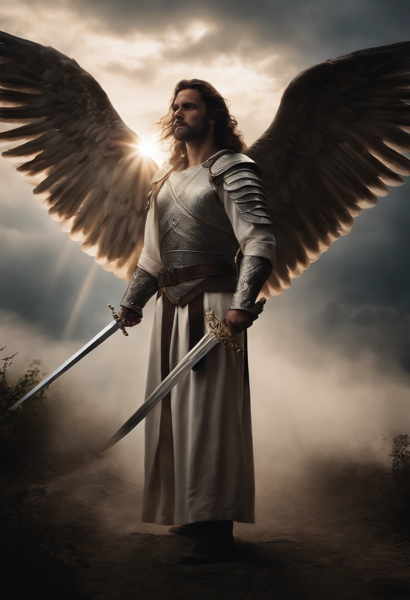 Archangel Gabriel sword in hand, roupas brancas brilhantes, duas asas grandes, cabelos e barba cor branca , em uma montanha com nuvens a sua volta