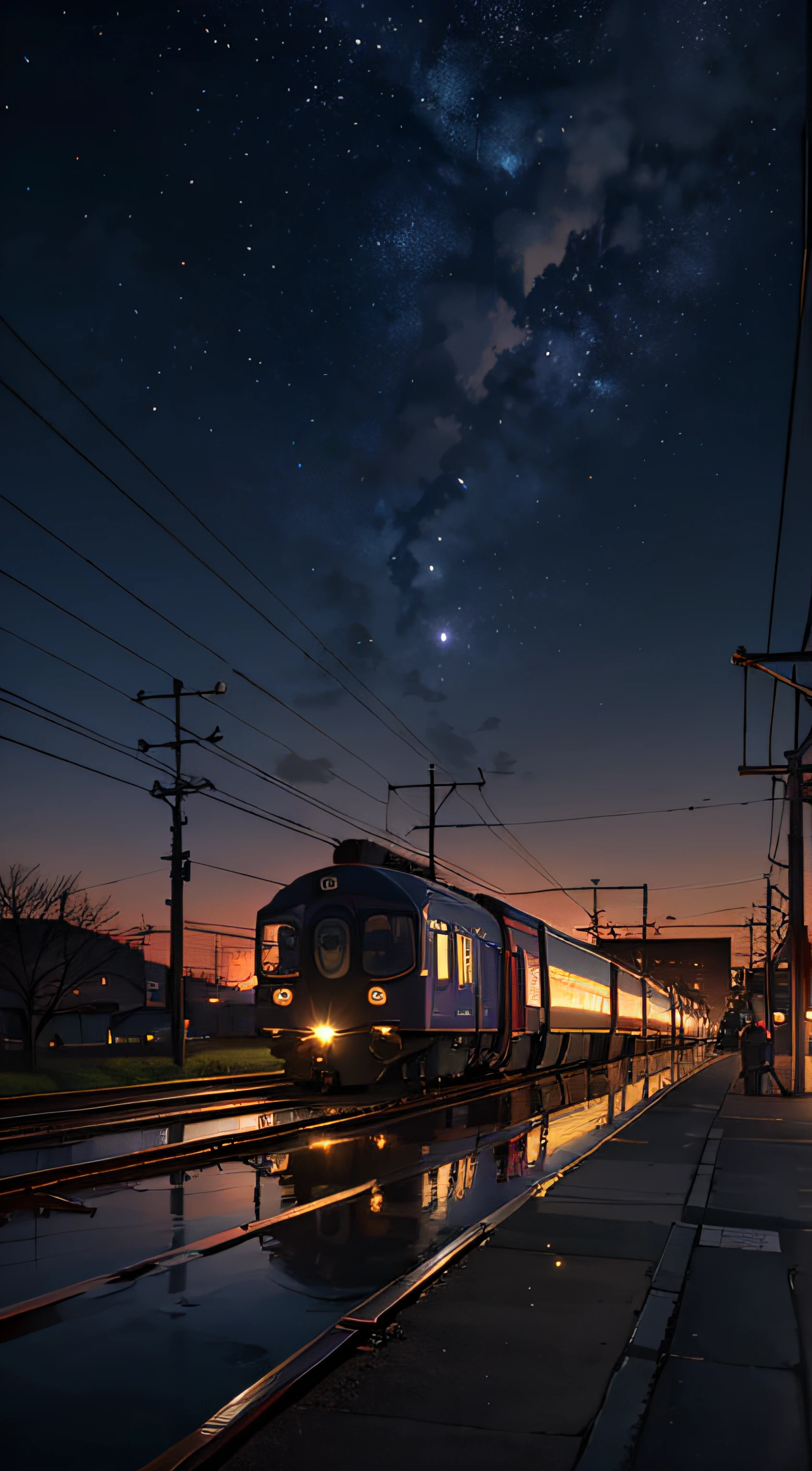 High quality masterpiece, landscape, anime train passing through bodies of water on tracks, bright starry sky. Romantic train, pixiv, concept art, lofi art style, reflection. by Makoto Shinkai, lofi art, Beautiful anime scene, Anime landscape, detailed scenery —width 672, in style of Makoto shinkai, style of Makoto shinkai, enhanced details.