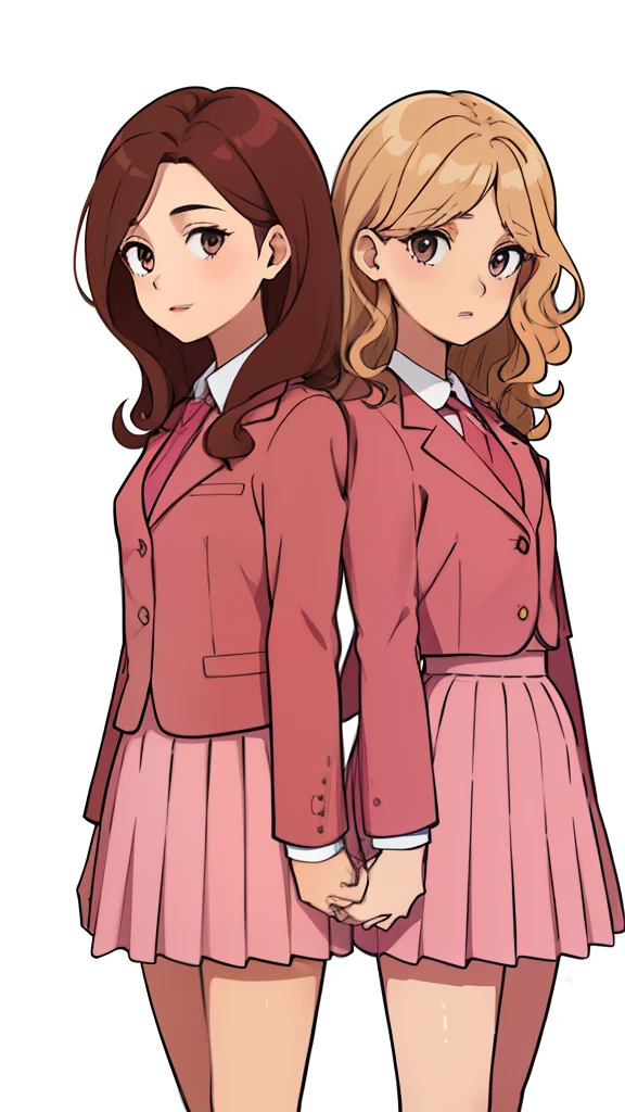 2girls, duo, twins, pink skirt suit, mature woman, brown hair, blonde hair, curly hair, hair down, hazel eyes, white background