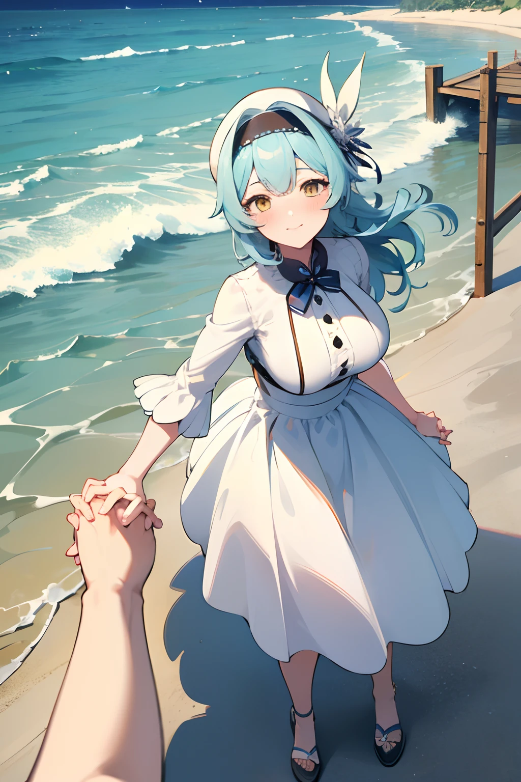 SFW, masterpiece, standing (woman 1), (((cute pose)), ((white long dress))), yellow eyes, pouder blue hair, cute smile, (beach), wind, blush, hay hat, ((milf)), dock, ((holding hands pov:1.6), perfect hands,