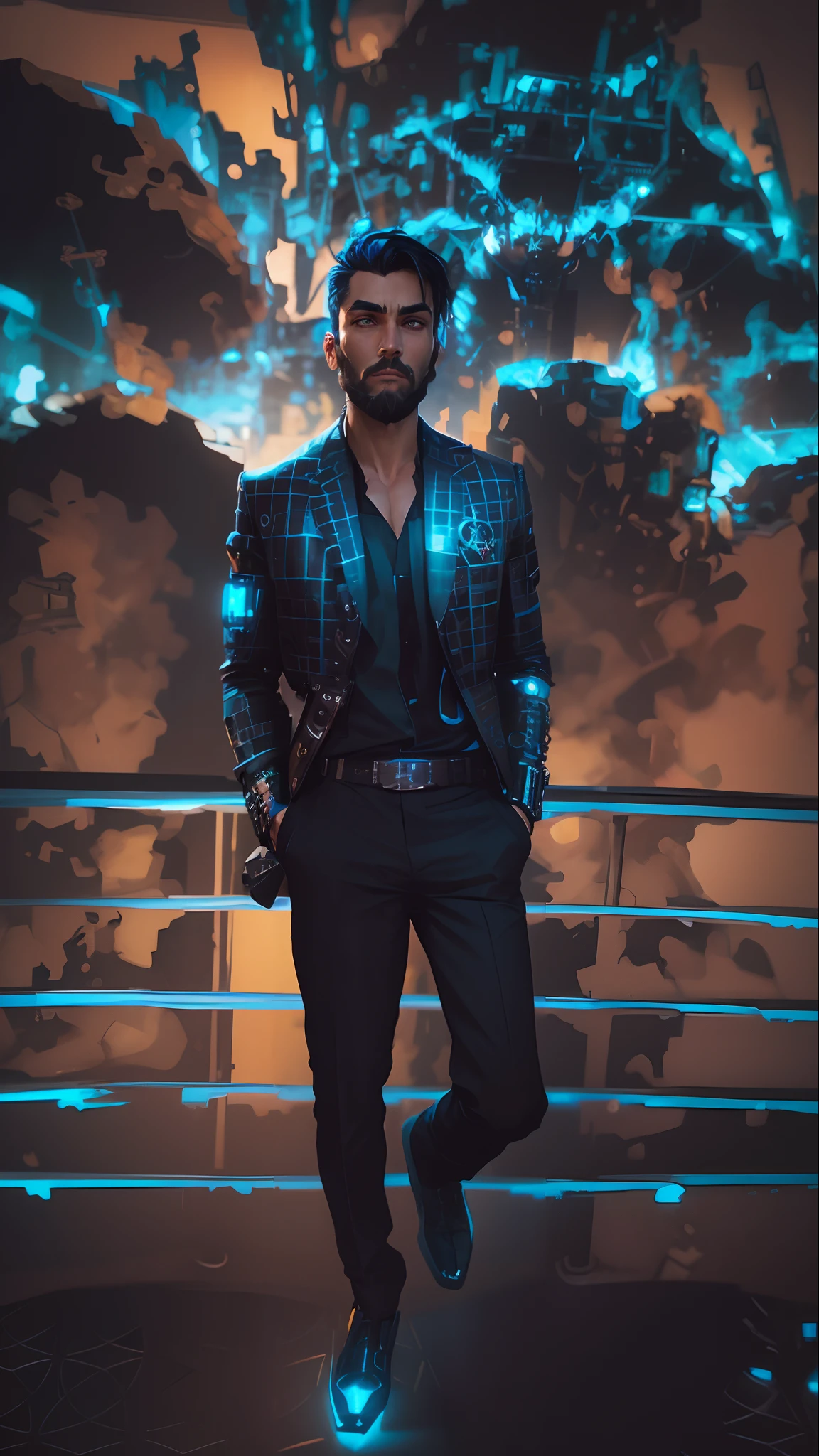 male focus, solo, wild beard, (toned:0.1), dark [blue|black] hair, formal, looking at viewer, portrait, close up, (from above:0.9), suit, dark theme, ([cyberpunk|steampunk]:1.3), cartoon stylish, (expressive), (cybernetic:1.18), superman, toned, serious, vibrant, (colorful, thick outlines, flat color:1.12), fantasy