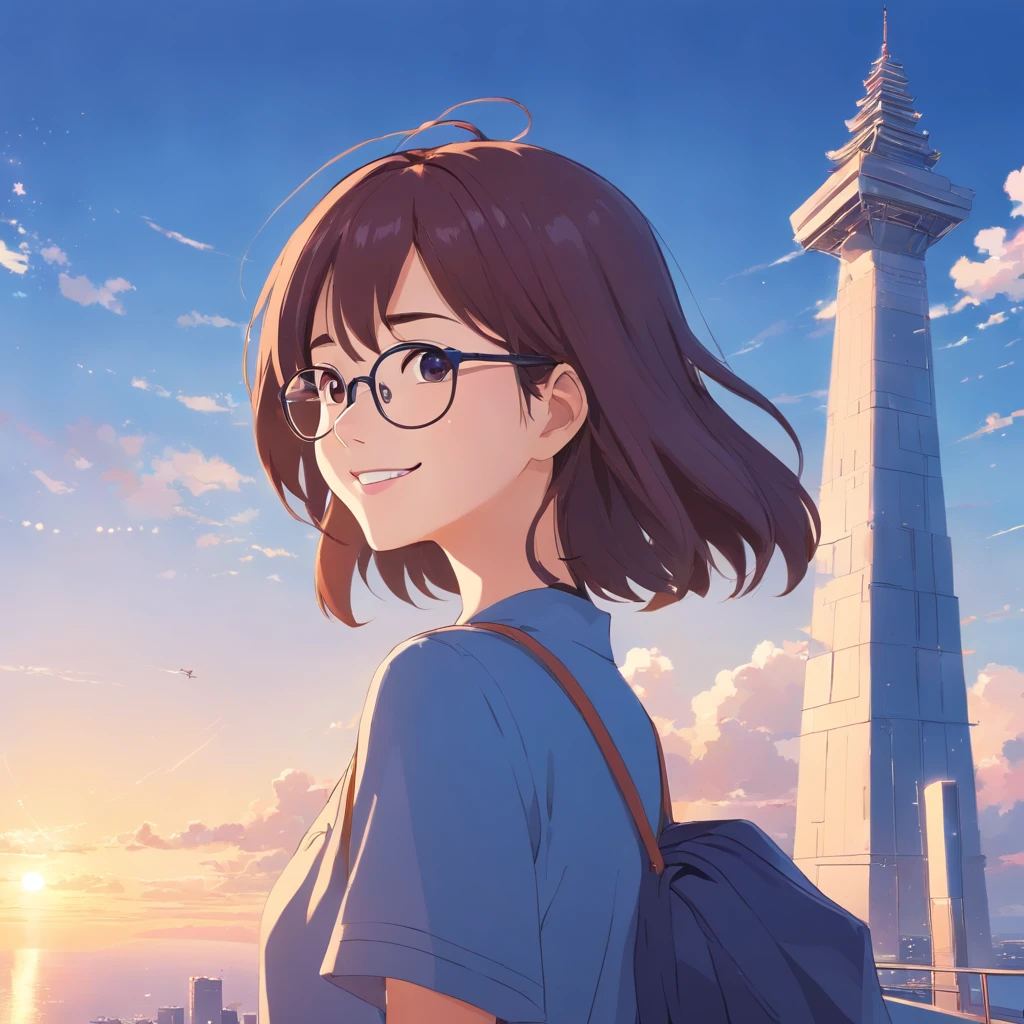Han Hyo Joo, smiling, wear glasses, top of tower, amazing, ultra detailed, blu sky.