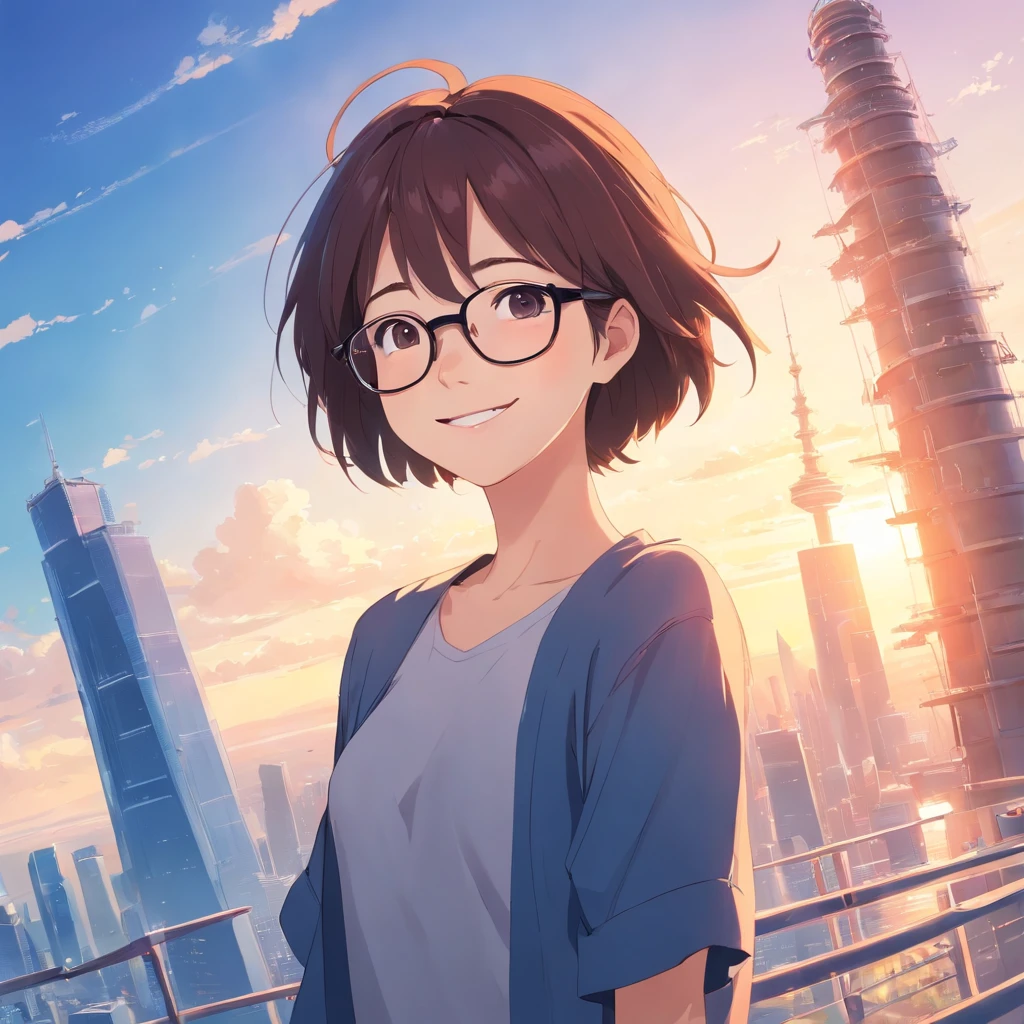 Han Hyo Joo, smiling, wear glasses, top of tower, amazing, ultra detailed, blu sky.