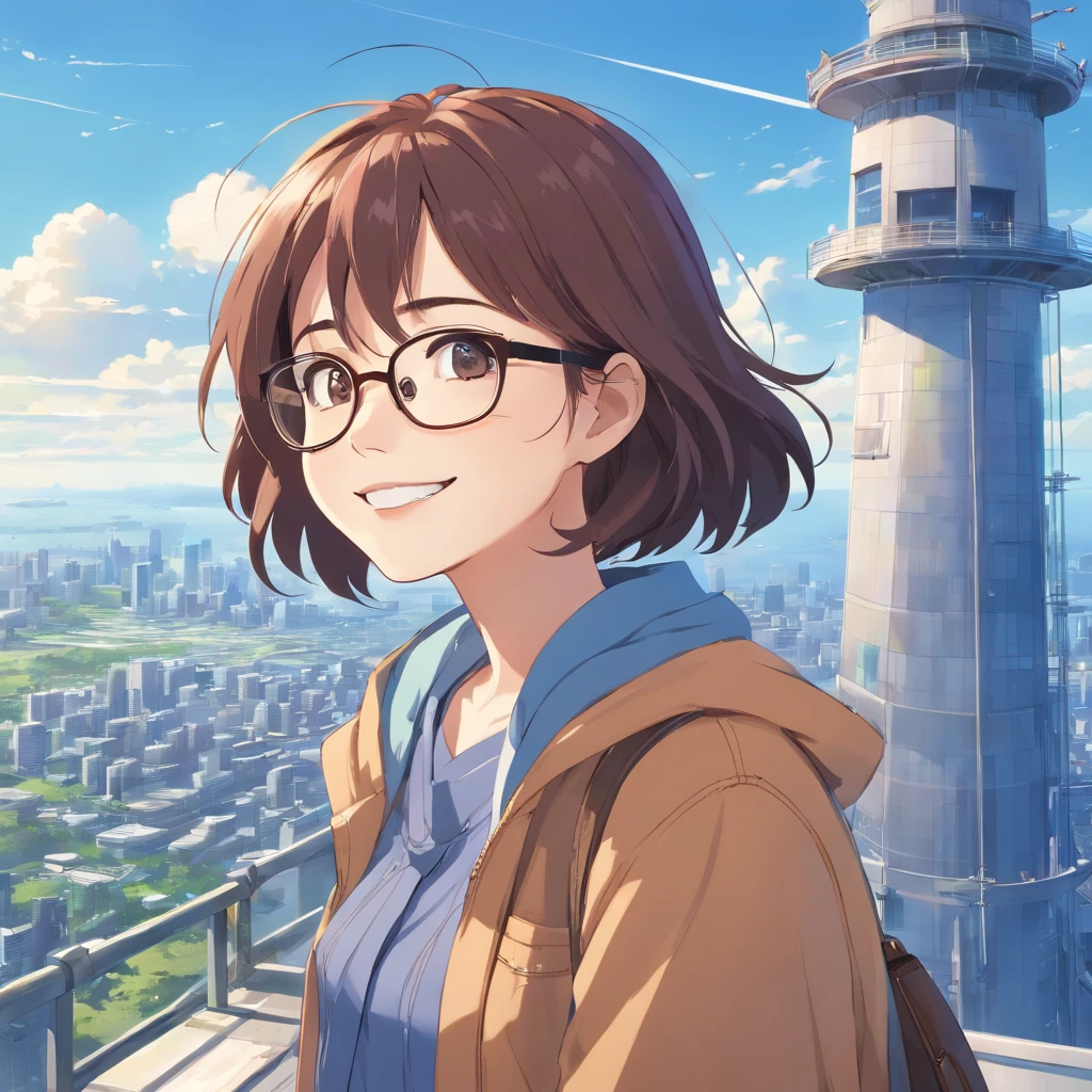 Han Hyo Joo, smiling, wear glasses, top of tower, amazing, ultra detailed, blu sky.