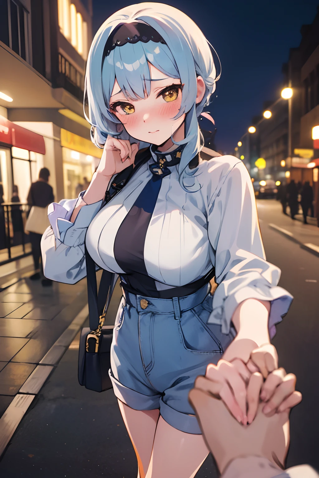 SFW, masterpiece, standing (woman 1), (((cute pose)), ((casual clothes))), yellow eyes, pouder blue hair, cute blush, (city), wind, blush, ((milf)), night, bussy street, turtleneck, (holding hands pov:1.6)