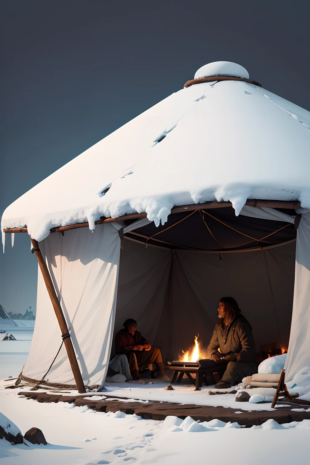 Human camping in the ice age in prehistory, tenda feita de pele de animais e palha, uma fogueira, e pessoas sentadas em volta da fogueira