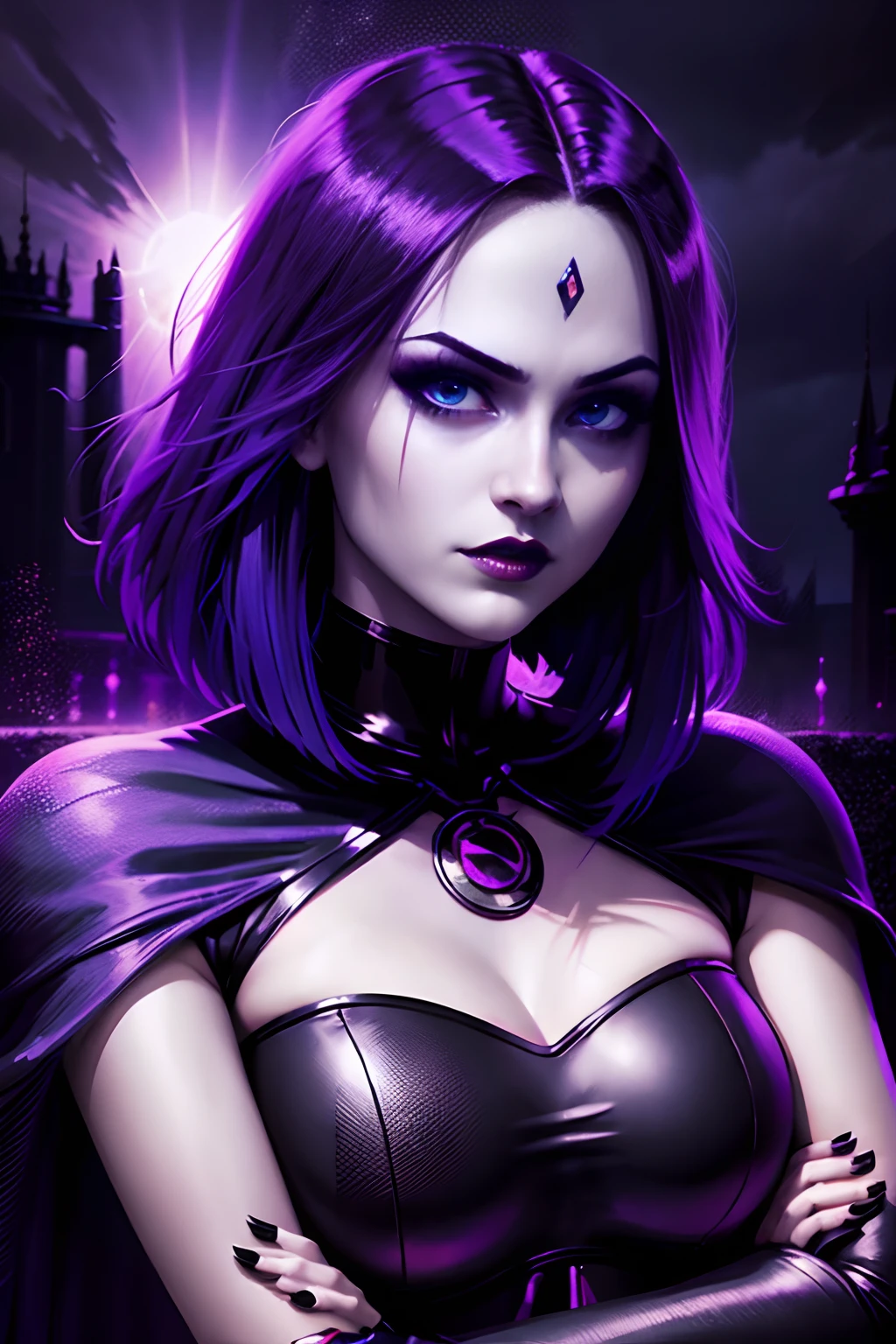 raven solo, gothgirl, with arms crossed looking straight ahead,anime, vibrant colors, dark and mysterious aesthetic, dramatic lighting