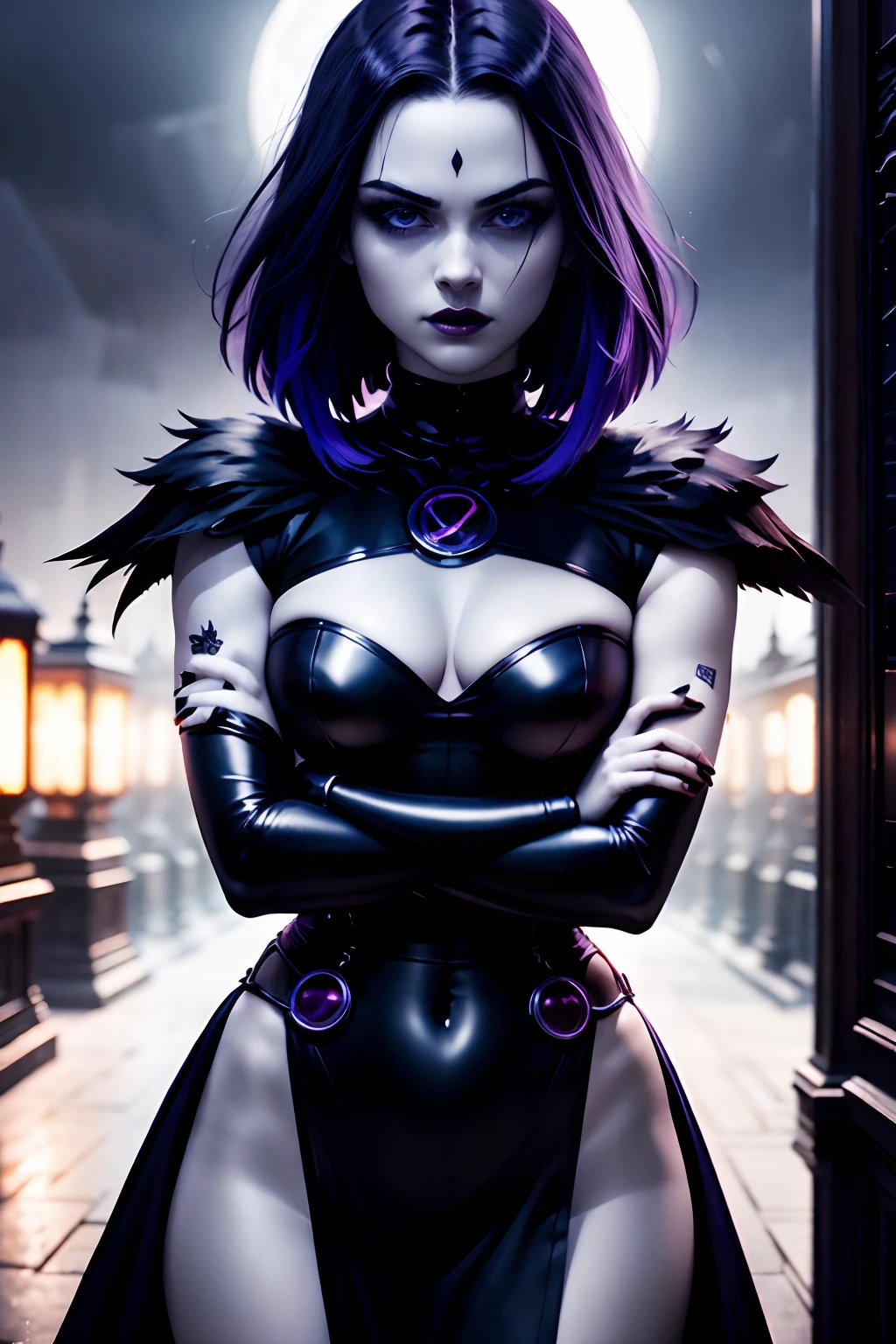 raven solo, gothgirl, with arms crossed looking straight ahead,anime, vibrant colors, dark and mysterious aesthetic, dramatic lighting