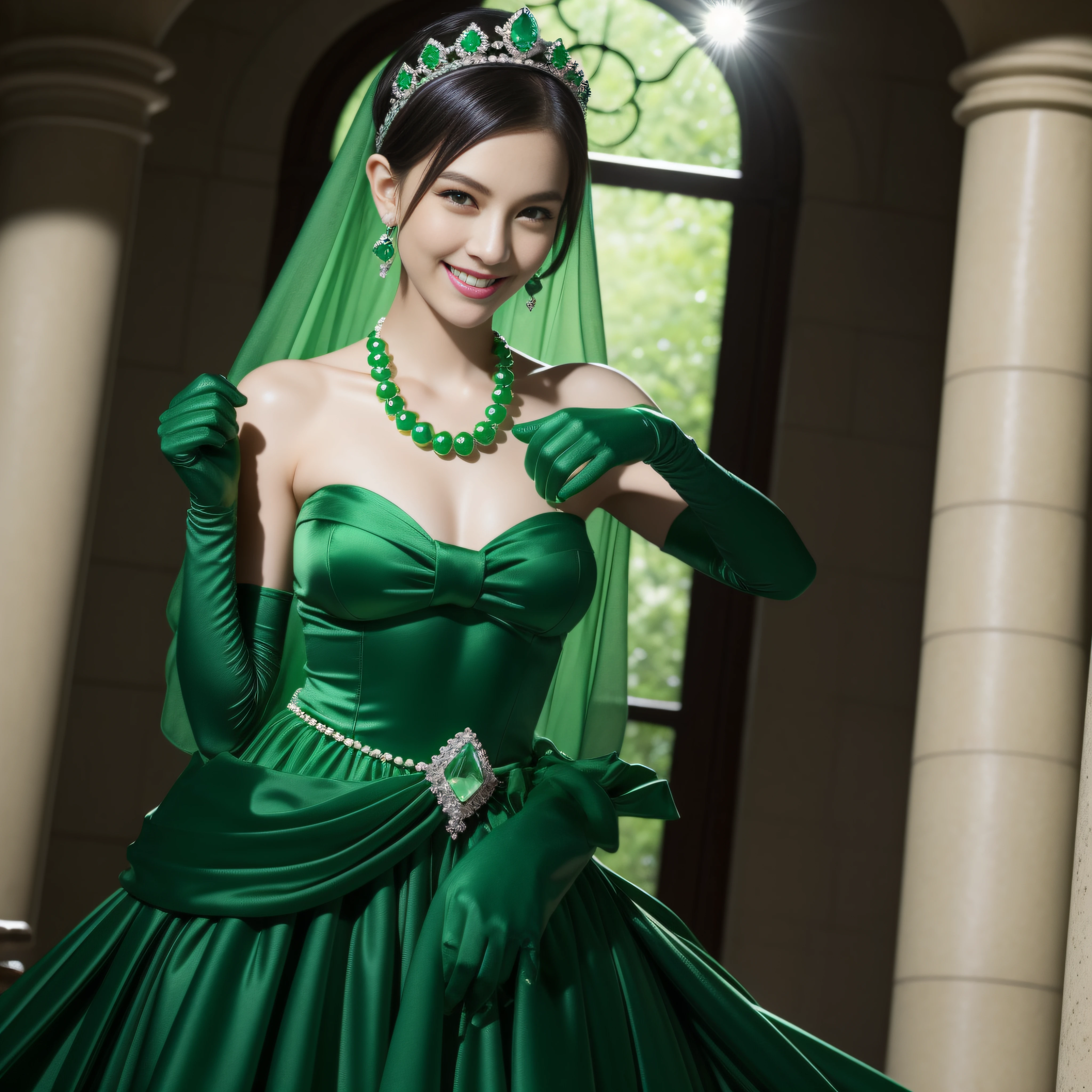 emerald tiara, Green Pearl Necklace, Boyish very short green hair, lipsticks, Japan woman smiling, very short short hair, big breasts beautiful, Green eyes, Long green gloves made of satin material, Green eyes, Emerald Earrings, Green dress