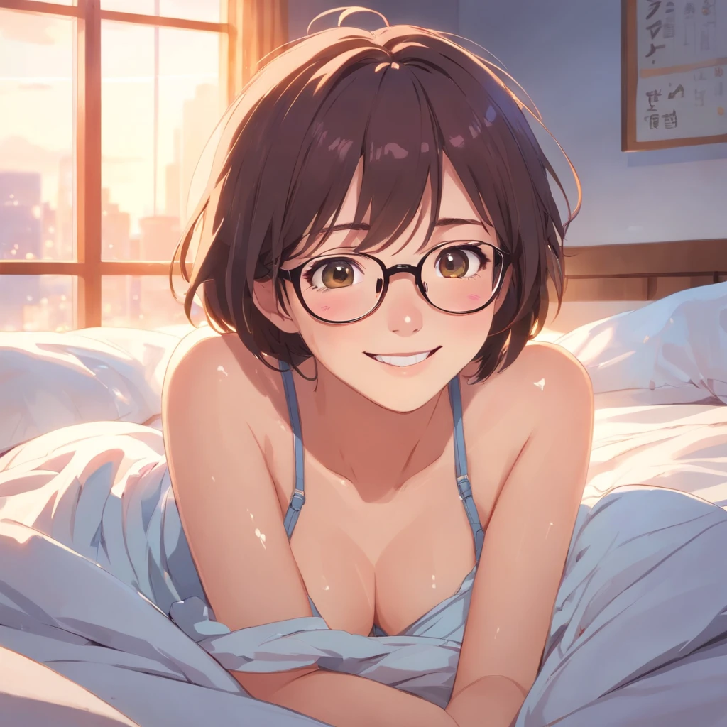Han Hyo Joo, smiling, wear glasses, panties, wet, in the bed.