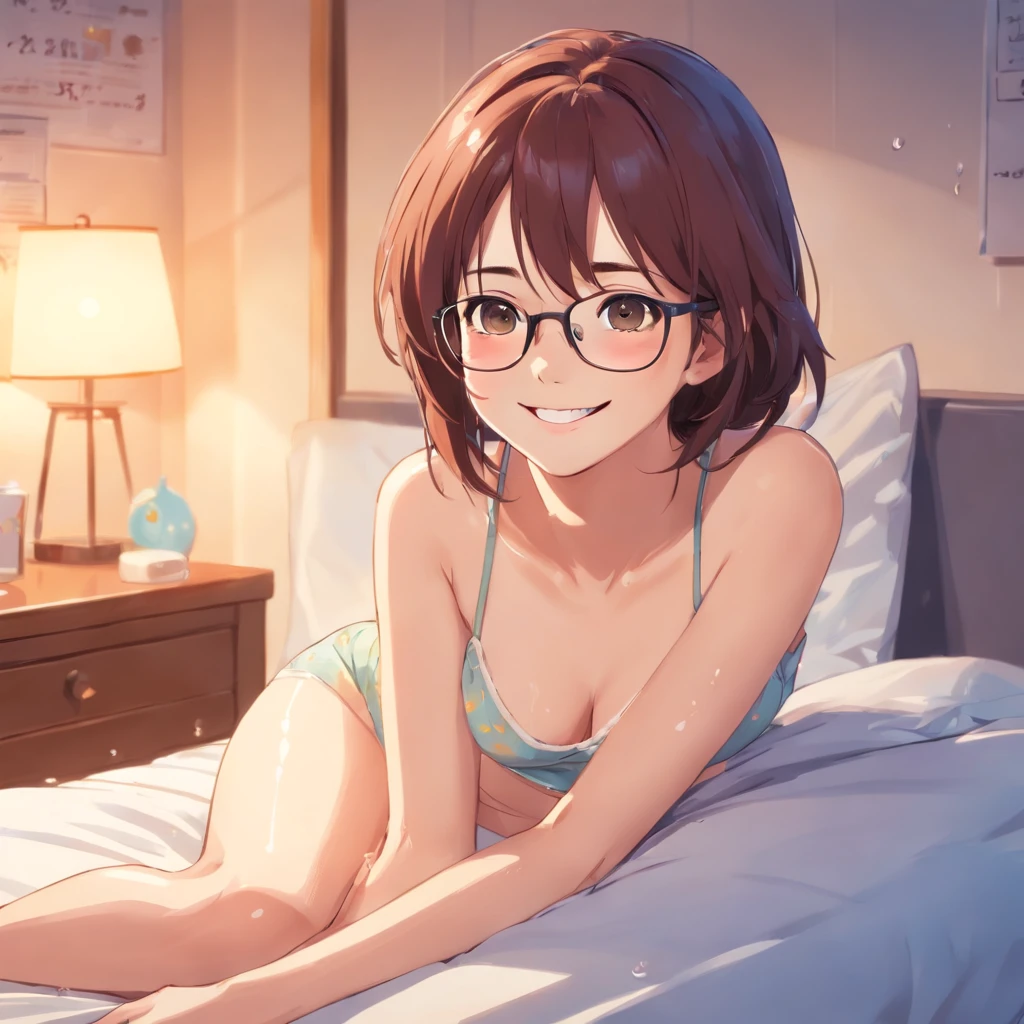 Han Hyo Joo, smiling, wear glasses, panties, wet, in the bed.