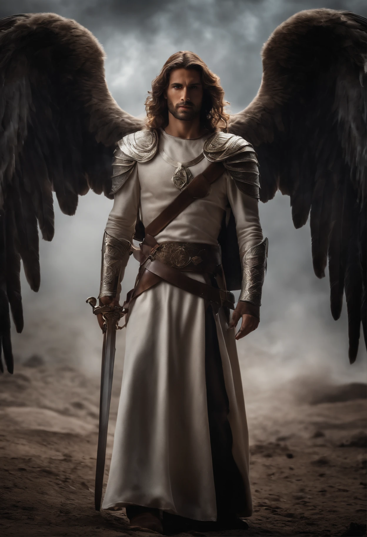 Archangel Gabriel sword in hand, roupas brancas brilhantes, duas asas grandes, cabelos e barba cor branca , em uma montanha com nuvens a sua volta