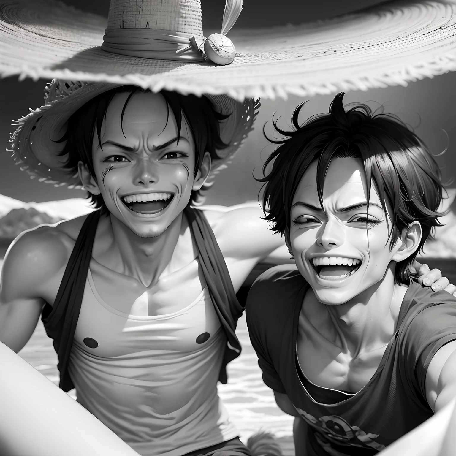 Monkey D Luffy from One Piece laughing wholeheartedly with a big smile tears coming down his cheeks. Like Gol D Roger did in chapter 961 of One Piece