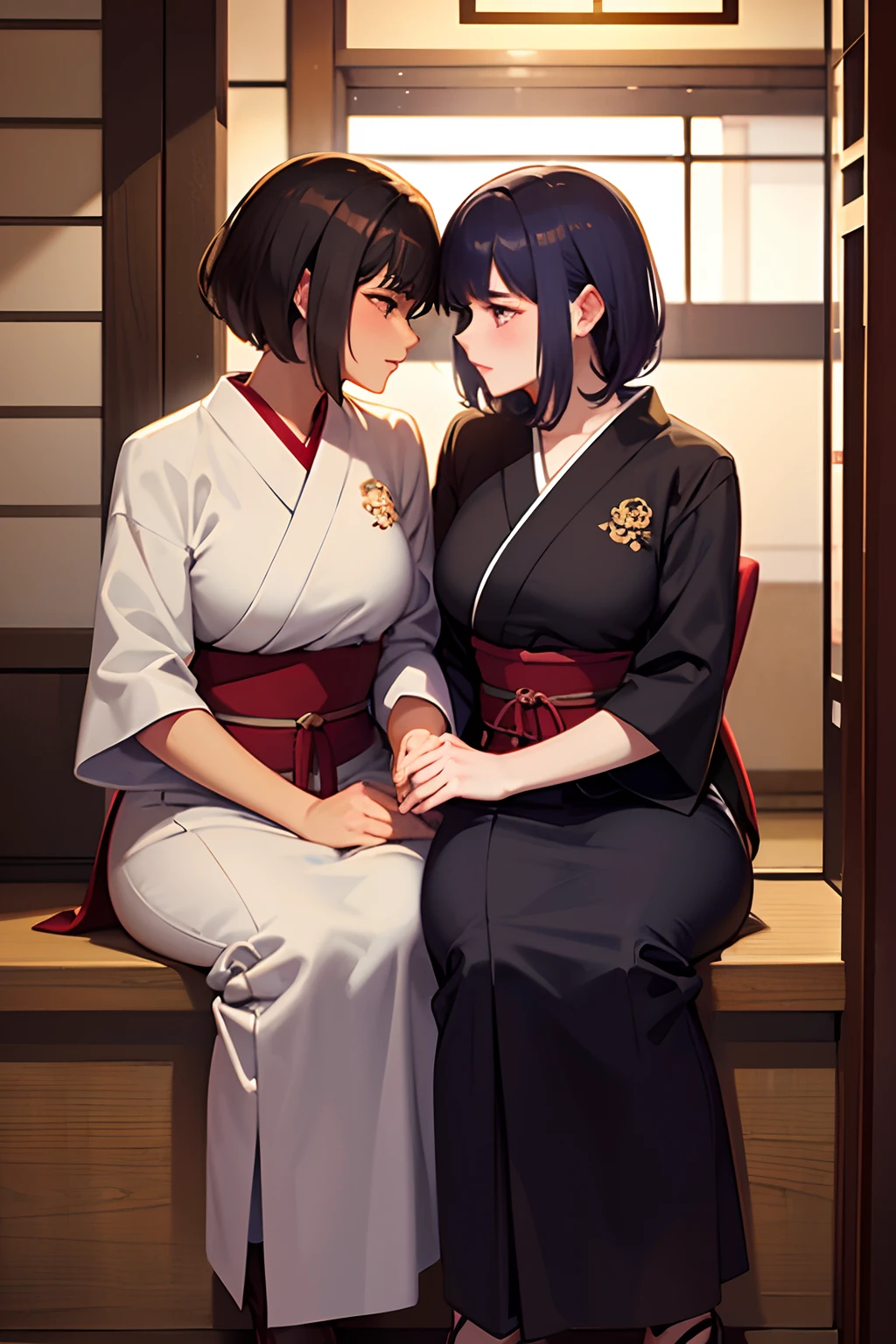 Beautiful lesbian women kissing at a Japanese restaurant, full body