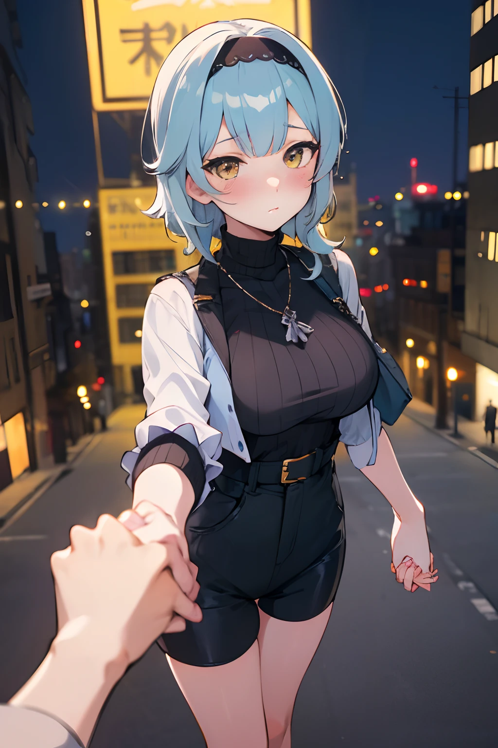 SFW, masterpiece, standing (woman 1), (((cute pose)), ((casual clothes))), yellow eyes,  pouder blue hair, cute blush, (city), wind, blush, ((milf)), night, bussy street, turtleneck, ((holding hands pov:1.6))