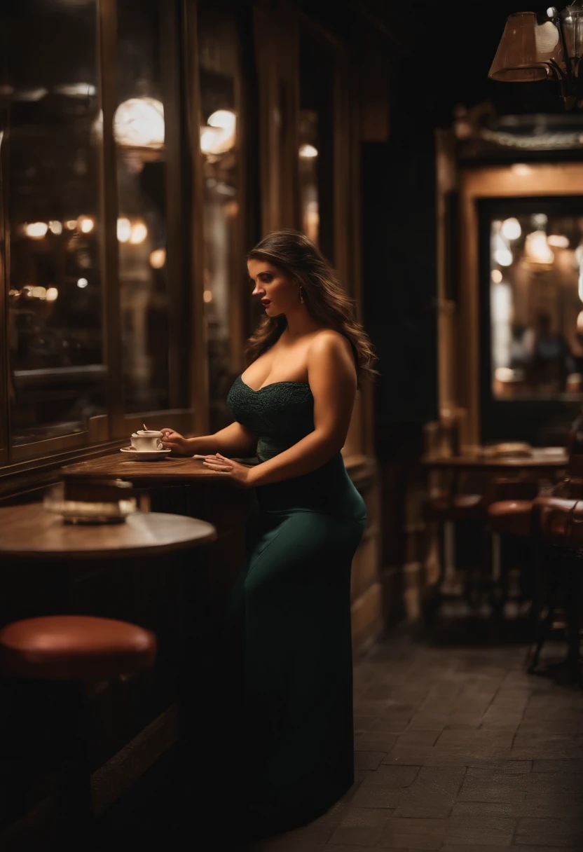 1fille dans,Nuit, Haut du corps,gros plan, 8k, Photo brute, Best quality, masutepiece,Realstic, photoreallistic, grosse poitrine、agenouillement、very big breasts、Sagged、large cigarette butts in a cafe