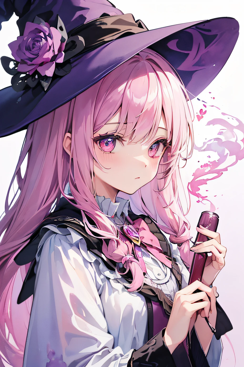 ((super detailed), #3b4195 background, witch, holding love potion, pink smoke, watercolor pattern of calming color's, (watercolor texture), ((1 girl), long hair, close up
