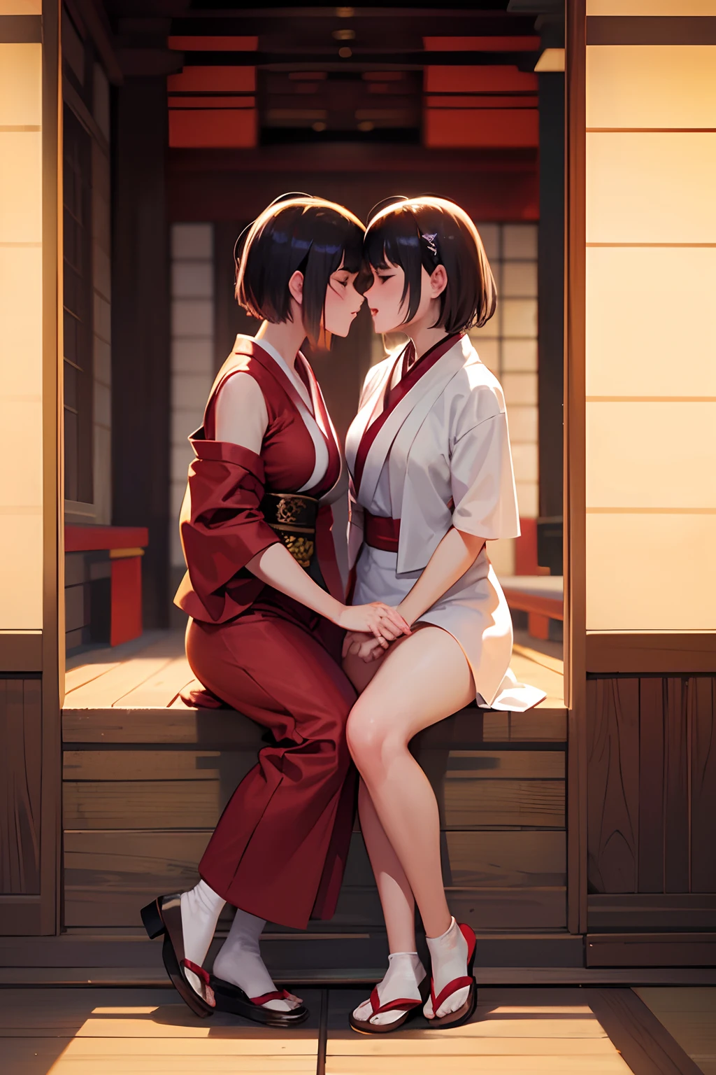 Ponytail sisters，kimono，Japanese-style room，Unbuttoned，sexy，They are hugging each other.，Erotic