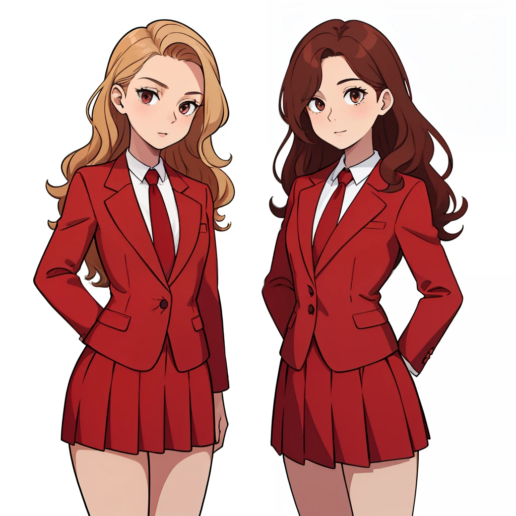 2girls, duo, twins, red skirt suit, mature woman, brown hair, blonde hair, curly hair, hair down, hazel eyes, white background