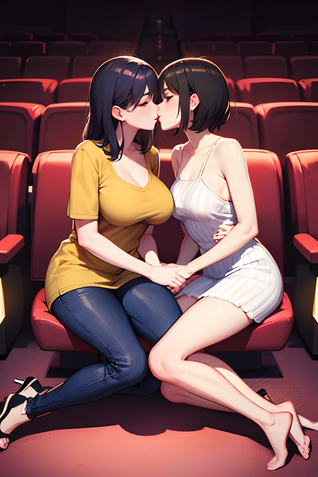 Beautiful lesbian women kissing at the Cinema,  full body