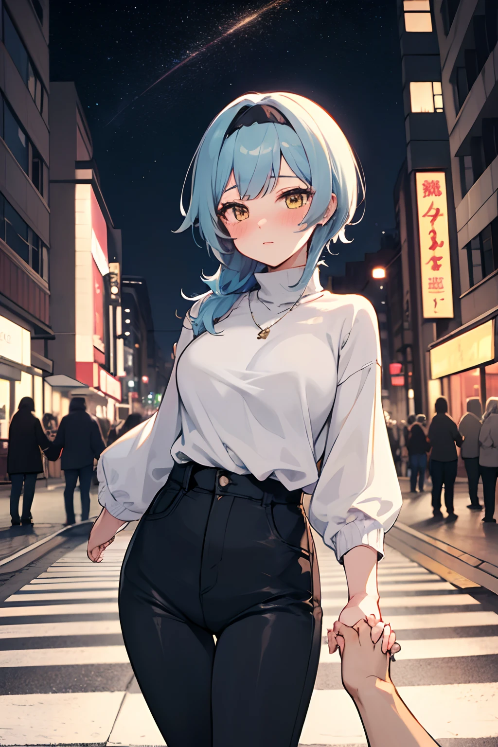 SFW, masterpiece, standing (woman 1), (((cute pose)), ((casual clothes))), yellow eyes,  pouder blue hair, cute blush, (city), wind, blush, ((milf)), night, busy street, turtleneck, (holding hands pov:1.6)