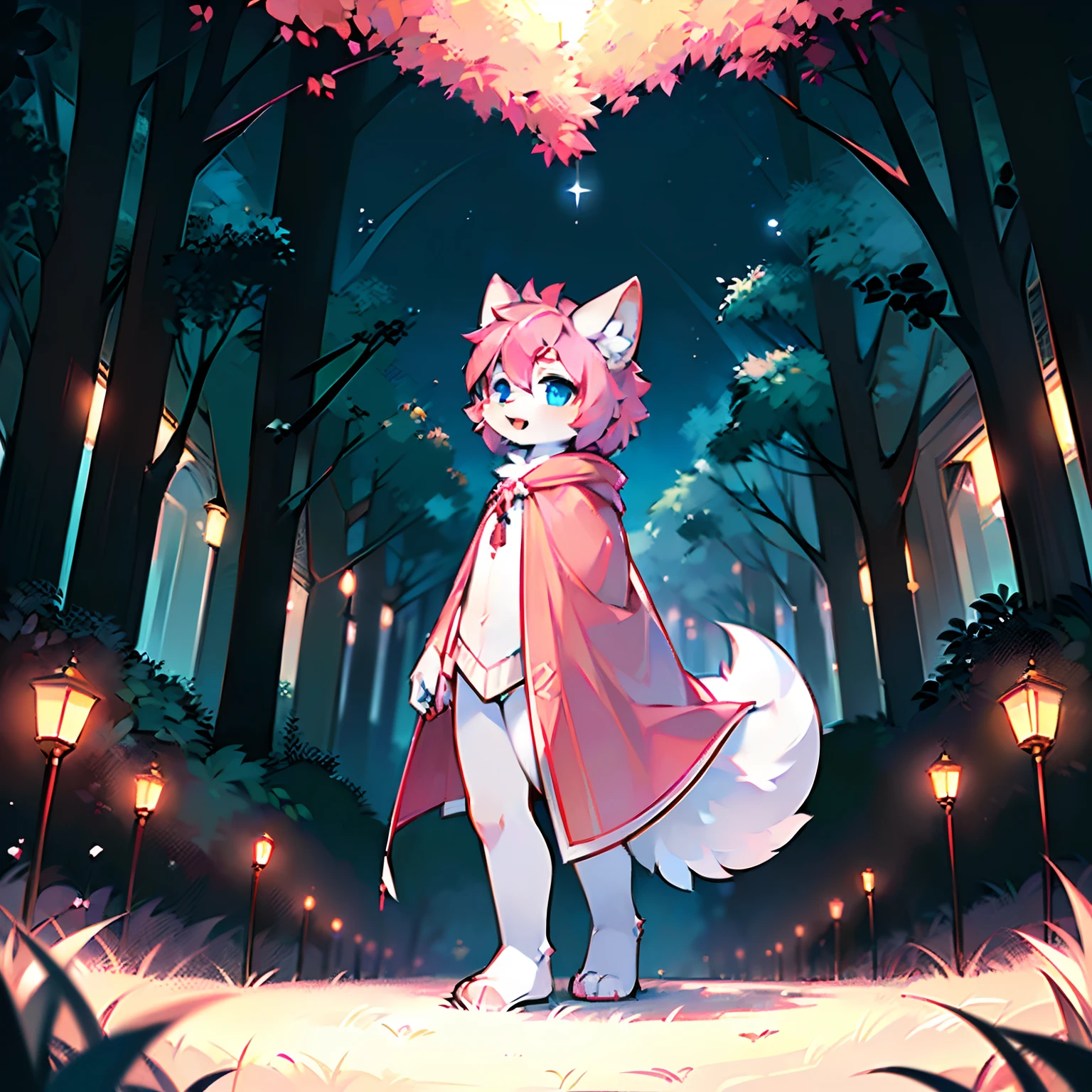 Anthropomorphic standing furry little wolf,adolable, Light:Extreme light and shadow,(anthr(Full Body Furry,Head bust close-up, A pink-haired,Large pink ears,Big blue eyes,The mouth is slightly larger,White fur,Reddish skin ,Sky blue eyes, A pink-haired:1.2), (long canines、Thick pale pink cape,White fur trims:1.2),(the night、lawns)) ,((Deep in the dark forest at night,glowworm,独奏,solo person)),((the detail)),(depth of fields),(Sell moe),(standing on your feet))