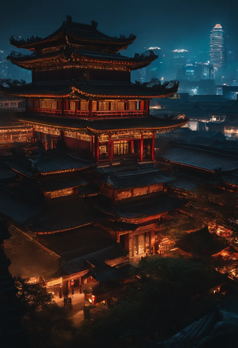 The top half of the picture is a high-rise building with a technological style，Below are ancient Chinese buildings，There is a black-cloaked assassin on the building
