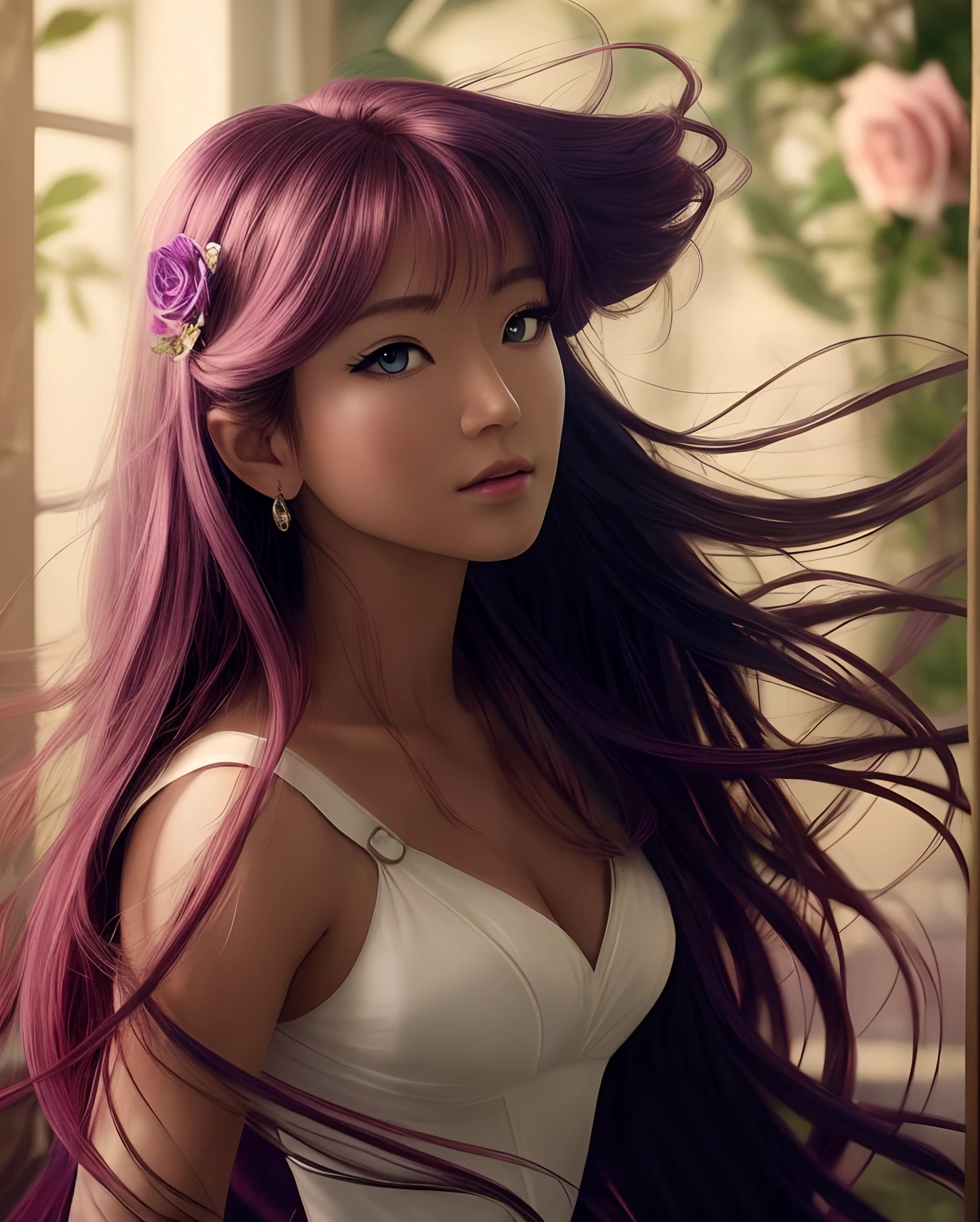((Retrato de Saori Kido,gostosa, usando um vestido elegante e sexy, Standing against a backdrop of cherry blossoms She's holding a pair of red panties by her fingertips., His eyes are captivating, refletindo sensualidade. Uma brisa suave agita seus cabelos, adding a touch of motion to the scene.))