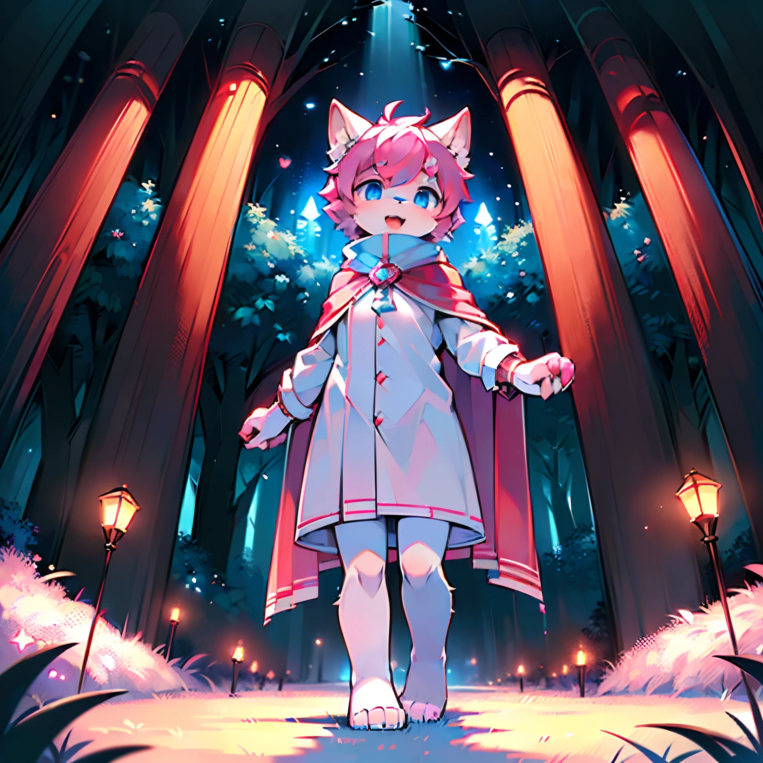 Anthropomorphic standing furry little wolf,adolable, Light:Extreme light and shadow,(anthr(Full Body Furry,Head bust close-up, A pink-haired,Large pink ears,Big blue eyes,The mouth is slightly larger,White fur,Reddish skin ,Sky blue eyes, A pink-haired:1.2), (long canines、Thick pale pink cape,White fur trims:1.2),(the night、lawns)) ,((Deep in the dark forest at night,glowworm,独奏,solo person)),((the detail)),(depth of fields),(Sell moe),(standing on your feet))