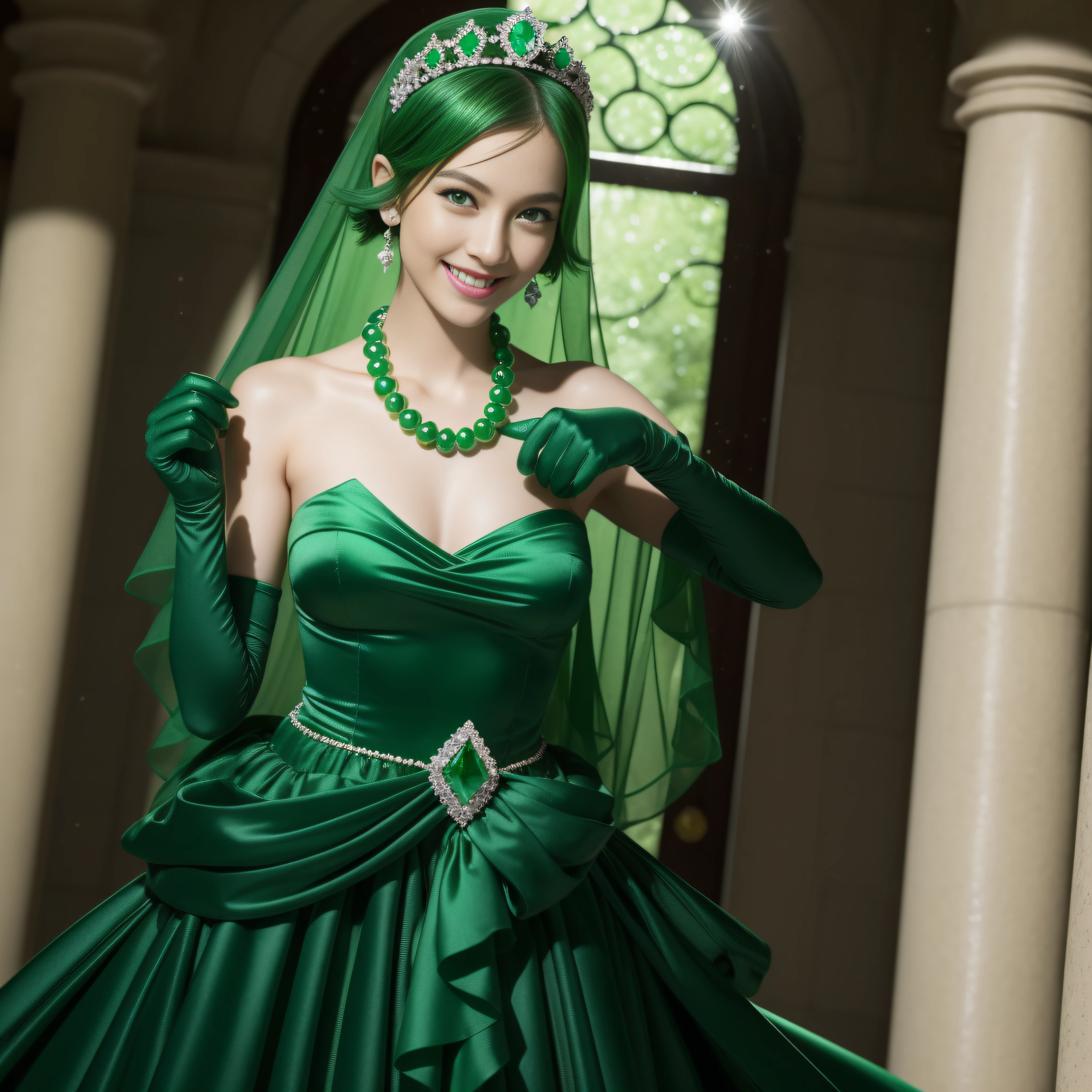 emerald tiara, Green Pearl Necklace, Boyish very short green hair, lipsticks, Japan woman smiling, Long green gloves made of satin material, very short short hair, Guts Pose, Green eyes