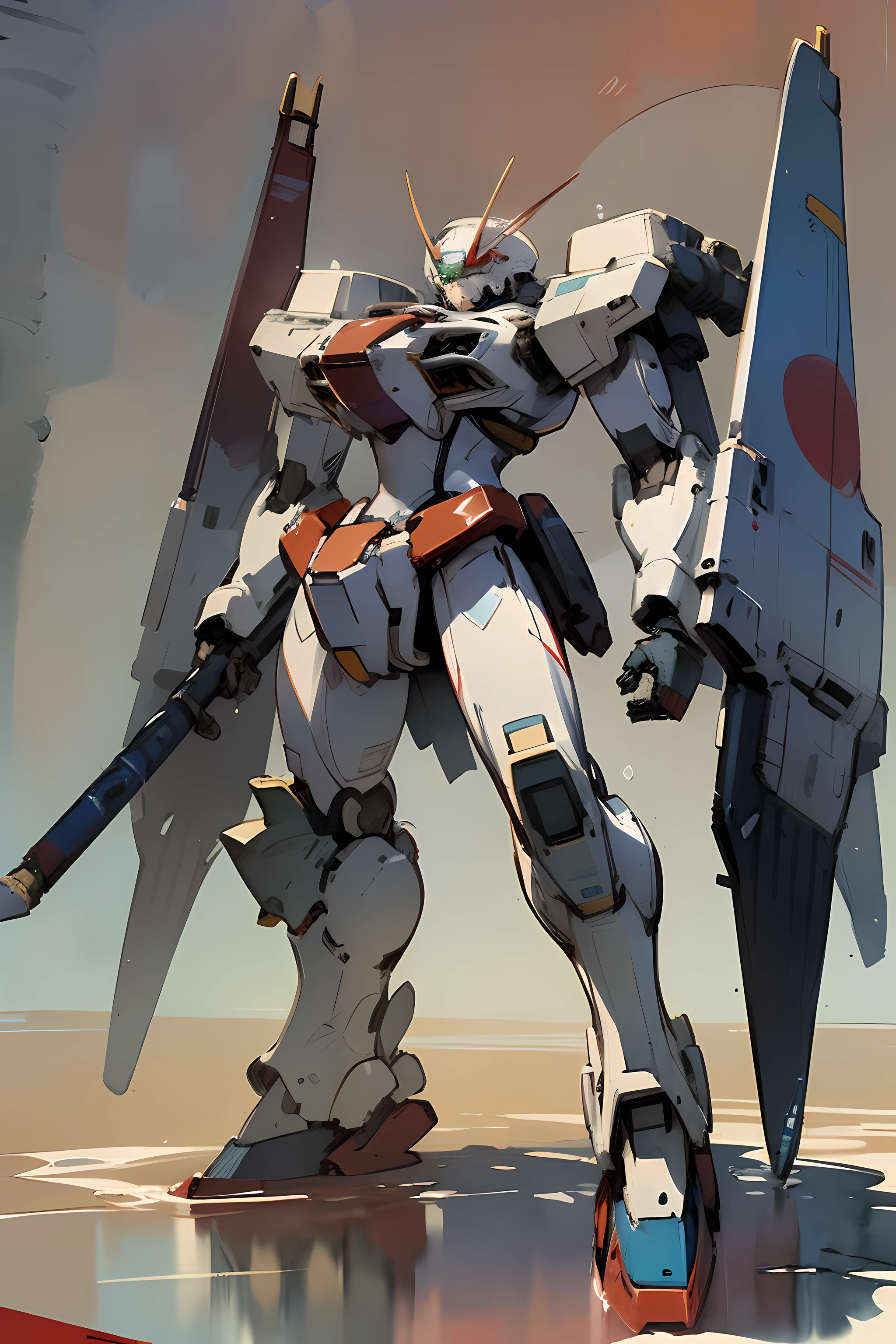 Mecha, white with red markings, (artist Mamoru Nagano:1.5), (fine ink drawing:1.6), (water-colors:1.6), (Illustration on paper)