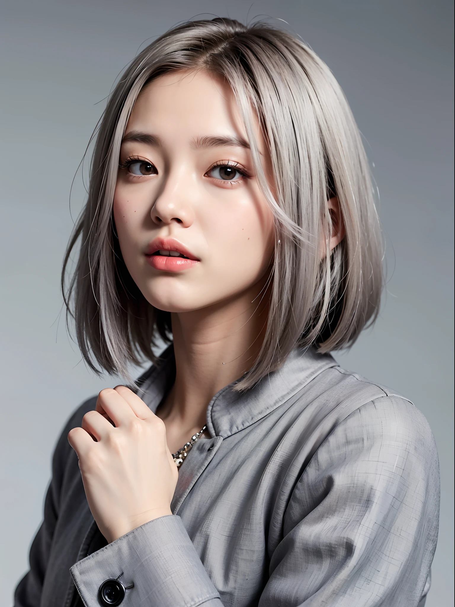 of the highest quality, One beautiful woman, Japanese, 35mm lens, F/1, (Upper body:1.3), (Gray background: 1.3), flat chest, (Light grey jacket:1.3), False hair, silber hair, sideways Facing, look up to