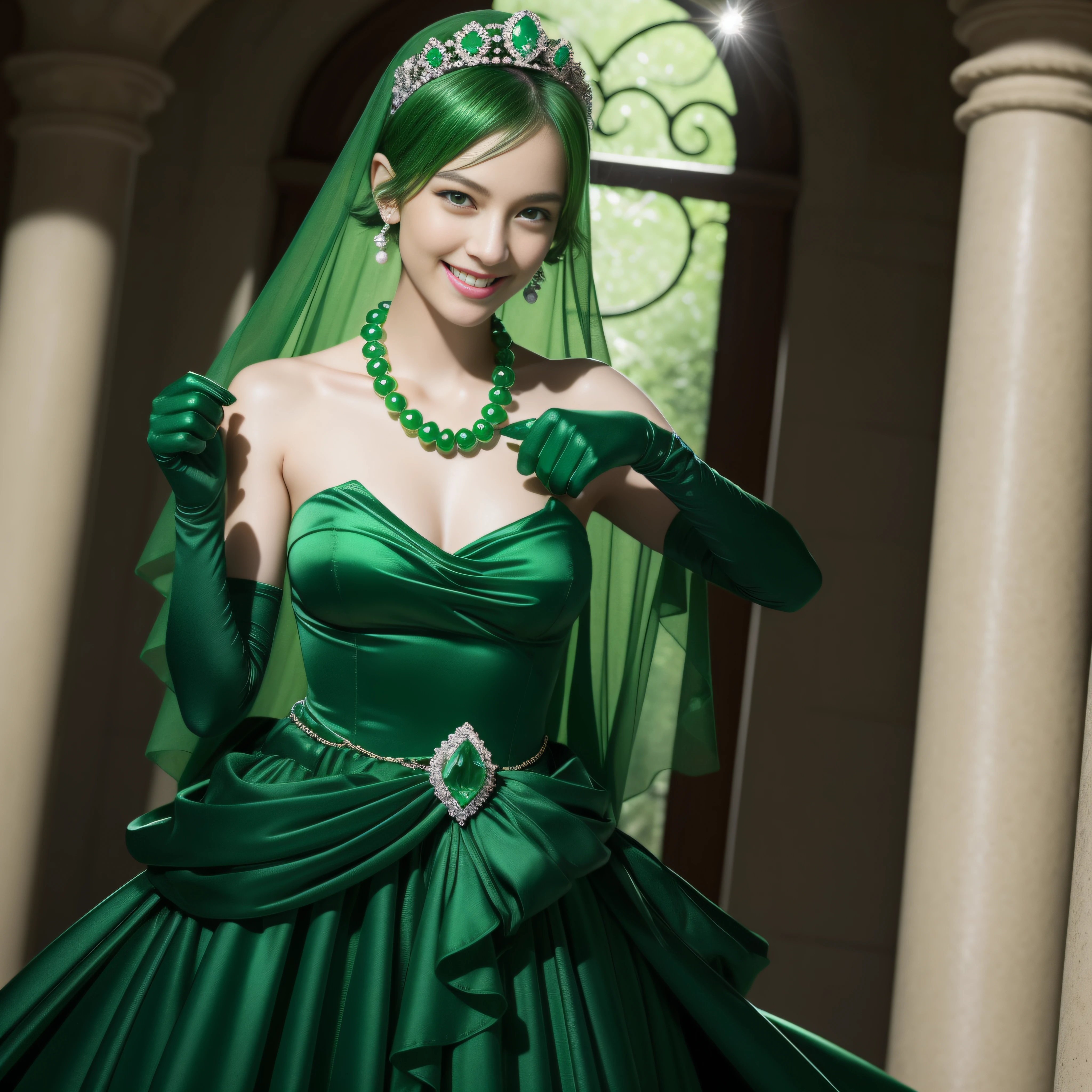 emerald tiara, Green Pearl Necklace, Boyish very short green hair, lipsticks, Japan woman smiling, very short short hair, big breasts beautiful, Green eyes, Long green gloves made of satin material, Green eyes, Emerald Earrings, Green dress